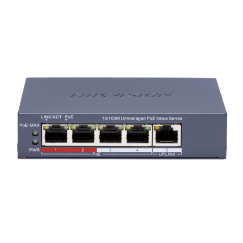 Switch-uri - Switch POE 4 porturi Hikvision DS-3E0105P-E/M(C), fara management; 4 × 10/100 Mbps PoE port,1 × 10/100 Mbps RJ45 port, IEEE 802.3af,IEEE 802.3at, PoE power budget 45W, distanta transmisie: 300m;