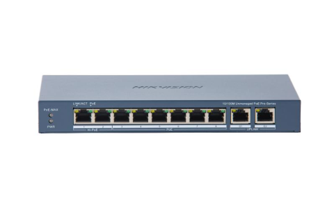 Switch-uri - Switch PoE Hikvision DS-3E0310HP-E(C): 8 × 10/100 Mbps PoE port,2 × Gigabit RJ45 port, 16 porturi PoE maxim 30W, buget PoE 130W, tensiune alimentare: 54 VDC, 2.22 A., dimensiuni: 217.6 mm × 27.6 mm × 