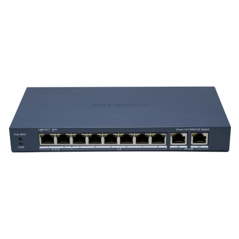 Switch-uri - Switch PoE Hikvision DS-3E1310HP-EI(B): 8 x 10/100M PoE Ports, 2 x Gigabit Uplink Ports, 8 porturi PoE maxim 90W, buget PoE 110W, tensiune alimentare 54 VDC, 2.22 A, dimensiuni: 217.6 mm × 27.6 mm × 1