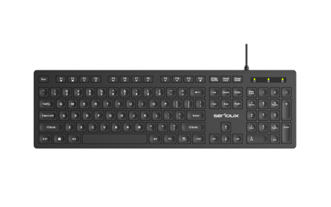  Tastaturi - Tastatura Serioux cu fir, interfata USB, 104 taste, material ABS, US Layout, lungime cablu 1.5m PVC, dimensiuni 429*128*20mm; 416g, negru