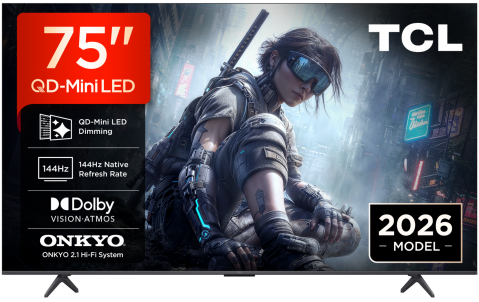 Televizoare - Televizor TCL QD-MiniLED 75T8D, 189 cm, Smart Google TV, 4K Ultra HD, 144Hz, Onkyo