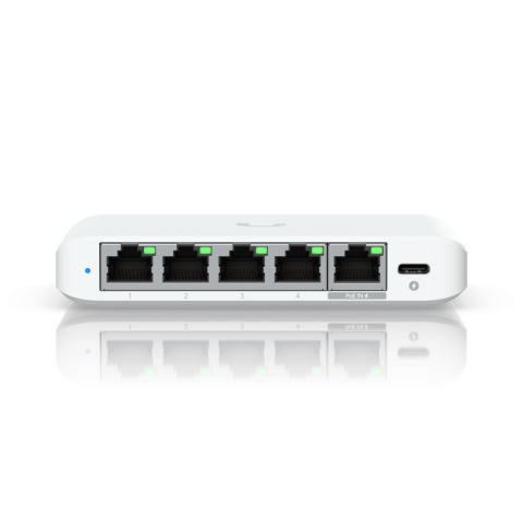 Switch-uri - Ubiquiti USW-Flex-2.5G-5, 5 porturi RJ45 1/2.5 GbE, capacitate 25 Gbps, 1 adaptor de alimentare AC, 5V DC, 1A, 1 PoE (PairA 1, 2+; 3, 6-)(PairB 4, 5+; 7, 8-), dimensiuni 117.1 x 90 x 21.2 mm (4.6 x 3.