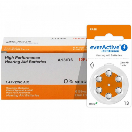 Baterii Auditive Everactive - Baterie 13 PR48 EverActive A13 Zinc-Aer 1.45V cutie 60 buc