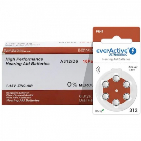 Baterii Auditive Everactive - Baterie 312 PR41 Pentru Aparate Auditive Zinc-Aer 1.45V cutie 60
