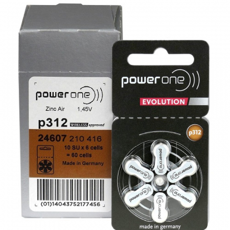 Baterii Auditive PowerOne - Baterie P312 PR41 Power One Evolution Zinc-Aer 1.45V cutie 60 buc