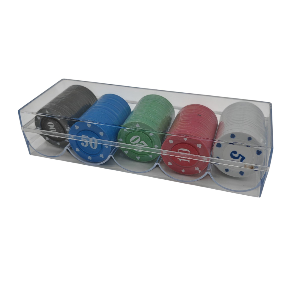 Set 100 Jetoane de Poker – 5 Valori – 5 Culori – Cutie Transparentă [1]