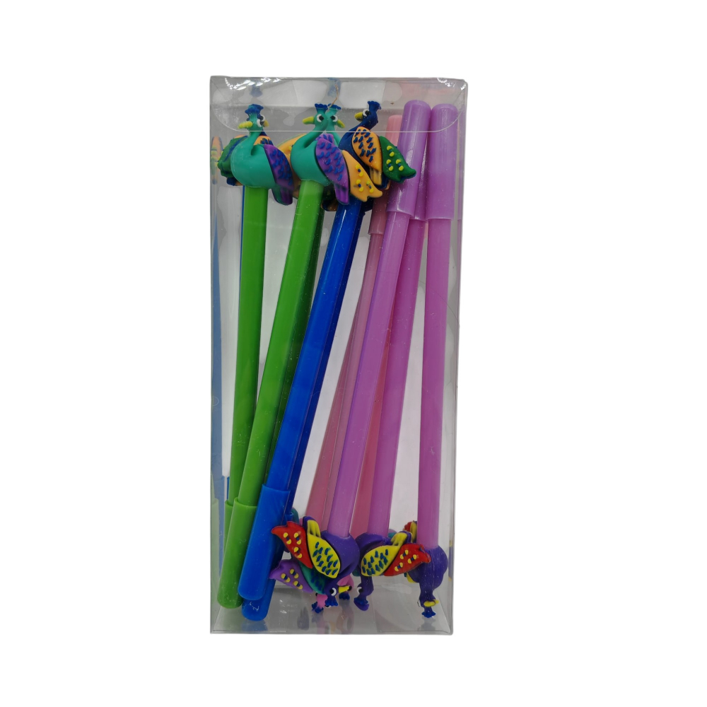Set 12 Pixuri cu Capac și Figurină Păun – Culori Diferite – Pentru Școală și Birou [1]