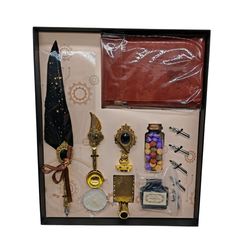 Set Sigiliu + Peniță Caligrafică + Agendă – Cu Ceară Colorată, 5 Vârfuri de Schimb, Călimară și Ustensile – Cutie Cadou din Carton – Vânzare Angro [3]
