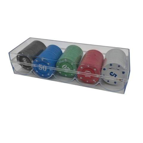 Jucarii Pentru Copii Angro - Set 100 Jetoane de Poker – 5 Valori – 5 Culori – Cutie Transparentă