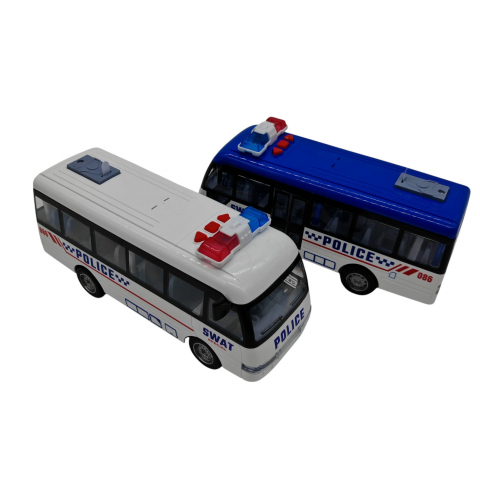 Jucarii Pentru Copii Angro - Set Autobuz Poliție cu Lumini și Sunete - 2 Modele (Alb și Albastru) - 6 Bucăți/Set - Vânzare Angro
