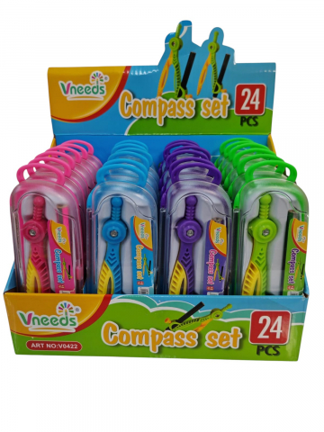 Truse geometrie, compasuri si rigle angro - Set Compas cu Creion și Penar Vneeds – 24 Bucăți, 4 Culori Asortate, Engros