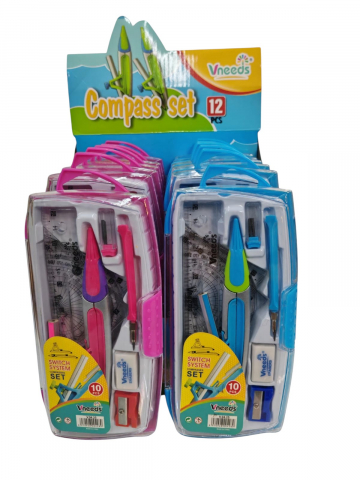 Truse geometrie, compasuri si rigle angro - Set Geometrie Școlar Vneeds - 12 Bucăți, 2 Culori (Roz & Bleu) - Vânzare en-gros