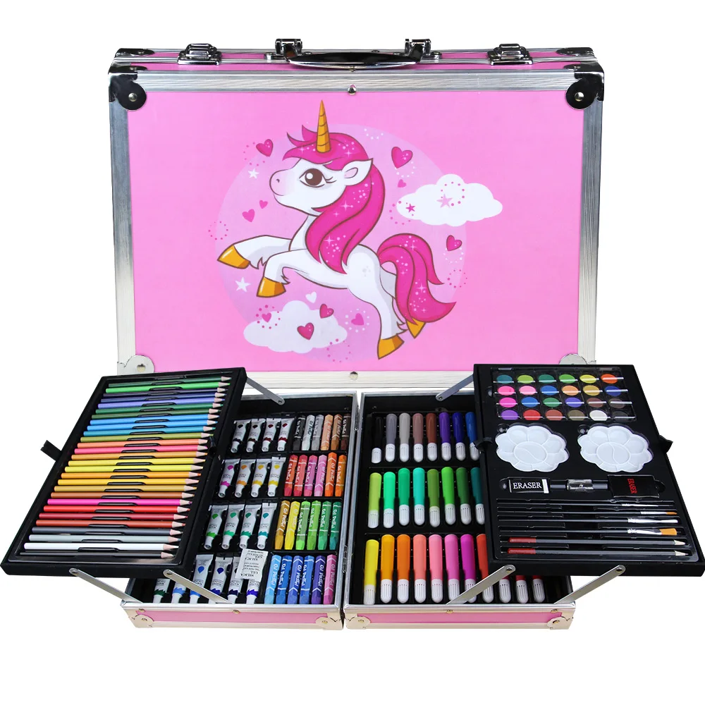 Birotica si Papetarie - Set 145 piese pentru pictura, pentru copii sau adulti, pixuri de colorat, creioane colorate si vopsele de pictura, cu geanta de transport ROZ UNICORN, model AVX-WT-MONETE145