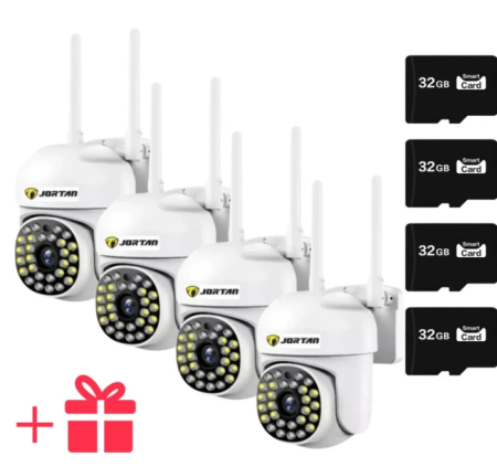 %%BLACK FRIDAY%% - Pachet 4 x Cameră de Supraveghere Jortan 8161QJ, 28 LED-uri, WiFi, HD, IP66 , 4 Carduri 32GB Incluse si Cadou Surpriza