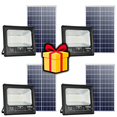 blackfriday - Set 4 proiectoare solare LED 100W cu panou și telecomandă. Autonomie 10h, rezistență IP66 și cadou surpriză inclus! Ideal pentru orice spațiu exterior