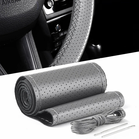 Auto - Moto - Husa volan din PIELE GRI + ATA GRI, diametru 37 - 39 cm (se coase, aspect ORIGINAL)