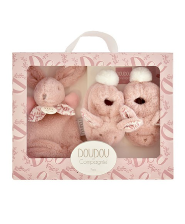 Jucarii Bebelusi si Plus - Iepuras Doudou - Set Botosei E i Jucarie de PluE , Roz - Doudou et Compagnie - BazaRapid.ro