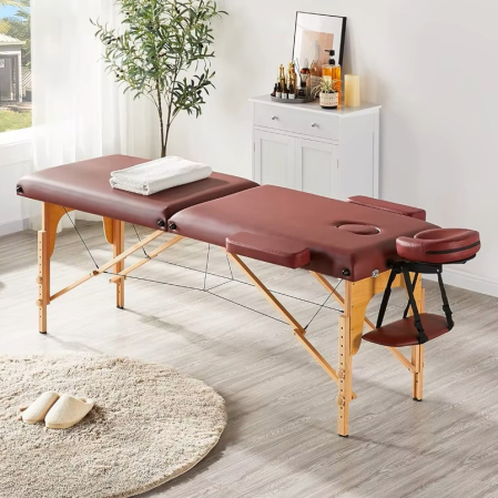 Accesorii Casa - Masa de masaj pliabila, 2 zone, cadru lemn, spuma 5cm, inaltime 55-76cm, piele ecologica, dimensiuni 60x213cm, culoare Burgundy