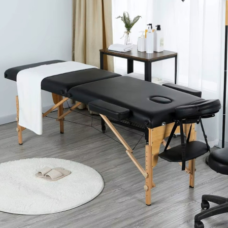 Accesorii Casa - Masa de masaj pliabila, 2 zone, cadru lemn, spuma 5cm, inaltime 55-76cm, piele ecologica, dimensiuni 60x213cm, culoare Neagra