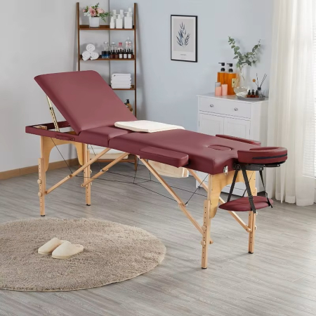 Accesorii Casa - Masa de masaj pliabila, 3 zone, cadru lemn, spuma 5cm, inaltime 55-76cm, piele ecologica, dimensiuni 60x213cm, culoare Burgundy