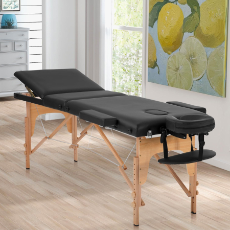 Accesorii Casa - Masa de masaj pliabila, 3 zone, cadru lemn, spuma 5cm, inaltime 55-76cm, piele ecologica, dimensiuni 60x213cm, culoare Neagra