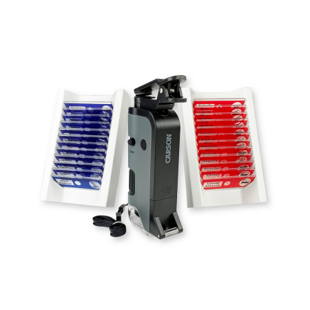 JUCARII - Microscop portabil cu LED si UV, cu adaptor de smartphone, include 24 de lamele pregatite, marire 100-250x, MicroFlip - Carson - BazaRapid.ro
