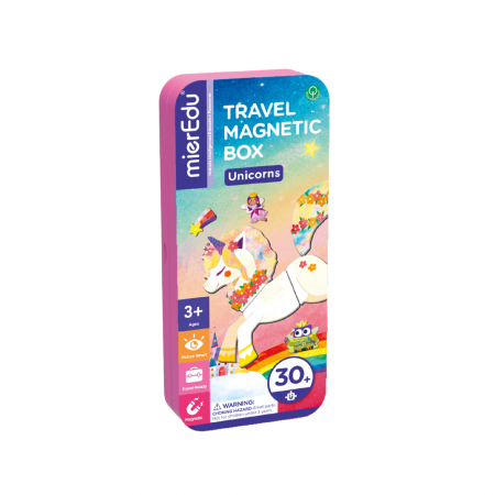 STEM educativ - Puzzle magnetic in cutie metalica, joc de potrivire si asociere - Unicorni - mierEdu - BazaRapid.ro