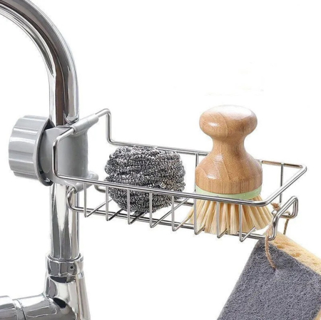 Accesorii Casa - Raft organizator universal pentru bucatarie sau baie, montaj pe robinet, material otel, culoare Argintiu