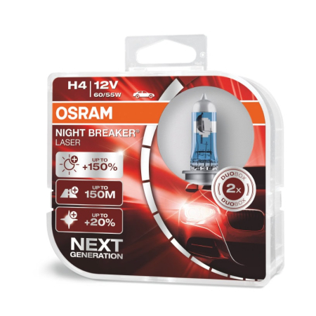 Becuri Halogen - Set 2 becuri auto cu halogen Osram H4 12V 60/55W P43t Night Breaker Laser +150%