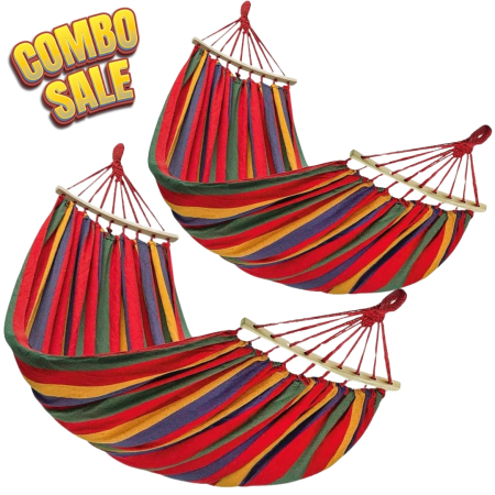 Pachete Promotionale - Set 2 Hamace Duble Bumbac 150x250 cm cu Bară Lemn