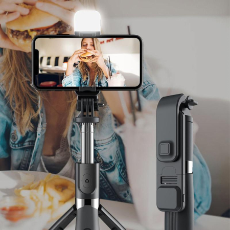 Accesorii Casa - Set 3in1, Selfie Stick cu Lampa LED si Trepied, conectare Bluetooth, alimentare USB