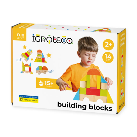 Jucarii din lemn - Set blocuri de constructie din lemn - Universal 14 piese - Igroteco - BazaRapid.ro