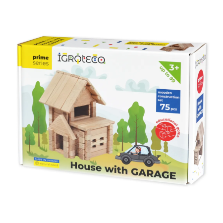 Jucarii din lemn - Set de constructie din lemn , zCasa cu Garaj, 75 piese - Igroteco - BazaRapid.ro