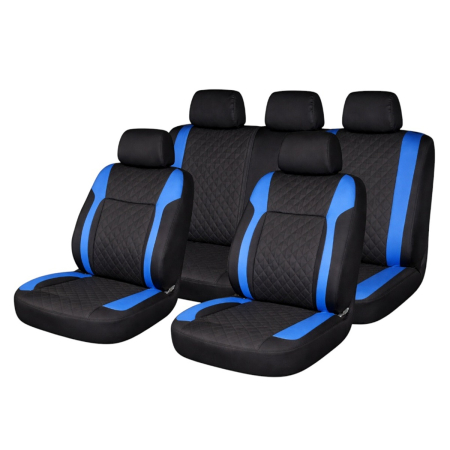 Accesorii Autoturisme - Set huse scaune auto Premium, model DIAMOND Drive, design Sportiv,  universale, ergonomice, Piele Ecologica Matlasata, culoare Negru/Albastru