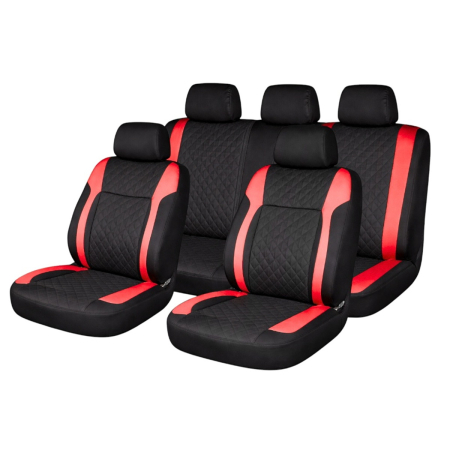 Accesorii Autoturisme - Set huse scaune auto Premium, model DIAMOND Racer, design Sportiv,  universale, ergonomice, Piele Ecologica Matlasata, culoare Negru/Rosu