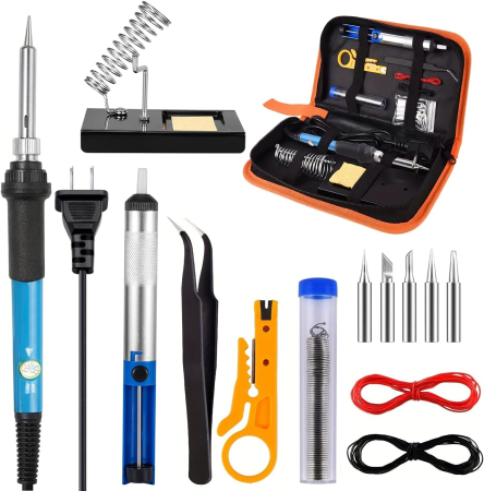 Electrice si Electronice Auto - Set Profesional 15 Piese pentru Lipire - Pistol de Lipit, Suport cu Arc, Varfuri Interschimbabile, Pompa cositor, Penseta si Accesorii Complete in Husa Portabila