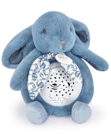 Jucarii Bebelusi si Plus - Veioza muzicala cu proiectie, iepuras pufos, 19 cm, albastru - Doudou et Compagnie - BazaRapid.ro