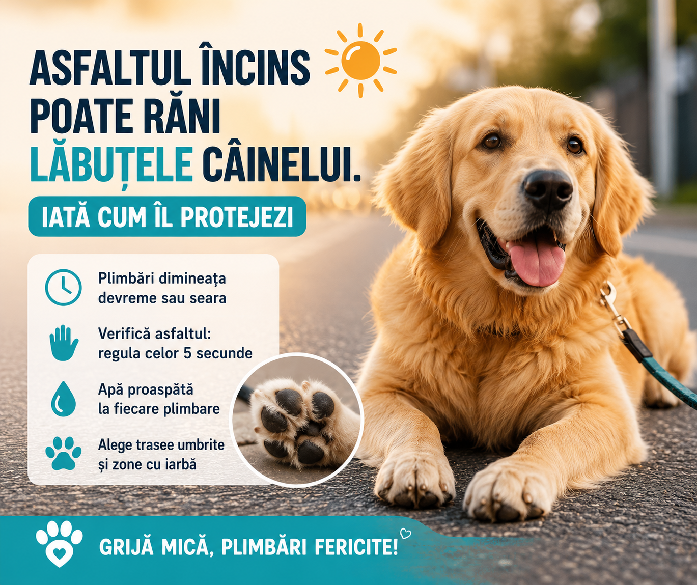 Asfaltul încins poate răni lăbuțele câinelui. Iată cum îl protejezi.