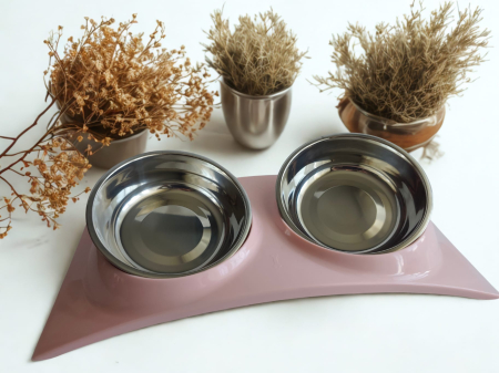 Hrănire - Castron dublu arcuit pentru animale, 2x0,3L, boluri detașabile