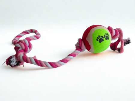 Joacă - Jucărie pentru câini tip sfoară cu minge din cauciuc, 48 cm