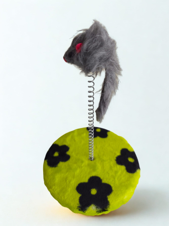 Joacă - Jucărie pentru pisici, disc din pluș cu suprafață de zgâriat și șoricel pe arc, 22 cm