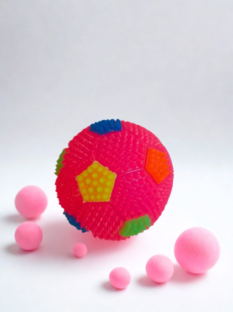 Joacă - Minge din cauciuc cu țepi, sunet și lumină, model fotbal, 6 cm