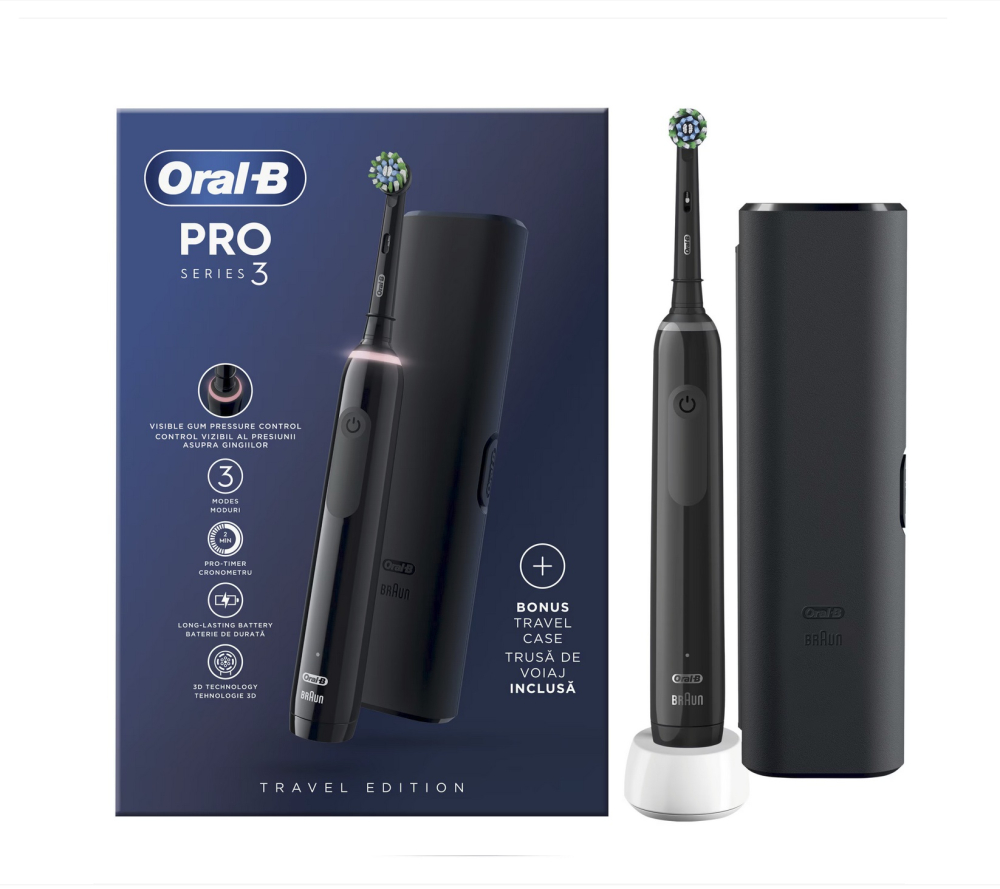 Periuta de dinti electrica Oral-B Pro 3 Cross Action, Curatare 3D, 3 programe, 1 capat, Negru [2]