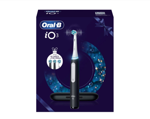 Set cadou periuta de dinti electrica Oral-B iO3 + 2 Capete de periaj cu Tehnologie Magnetica si Micro-Vibratii, Senzor de presiune Smart, 3 Moduri, Trusa de calatorie, Negru [3]