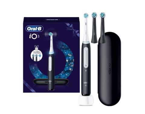 Igiena dentara - Set cadou periuta de dinti electrica Oral-B iO3 + 2 Capete de periaj cu Tehnologie Magnetica si Micro-Vibratii, Senzor de presiune Smart, 3 Moduri, Trusa de calatorie, Negru