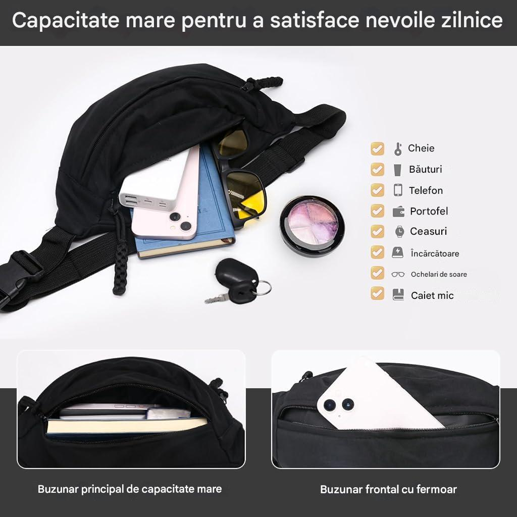 Borseta Sport Alergare Talie Unisex Beatus®, Running Belt pentru Telefon Chei si Portofel, 2 Buzunare cu Fermoar, Curea Reglabila 90-130 cm, Material Oxford Rezistent, Fitness Ciclism Drumetii, Negru [6]