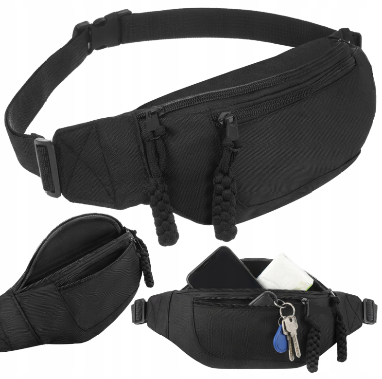 Borseta Sport Alergare Talie Unisex Beatus®, Running Belt pentru Telefon Chei si Portofel, 2 Buzunare cu Fermoar, Curea Reglabila 90-130 cm, Material Oxford Rezistent, Fitness Ciclism Drumetii, Negru [5]