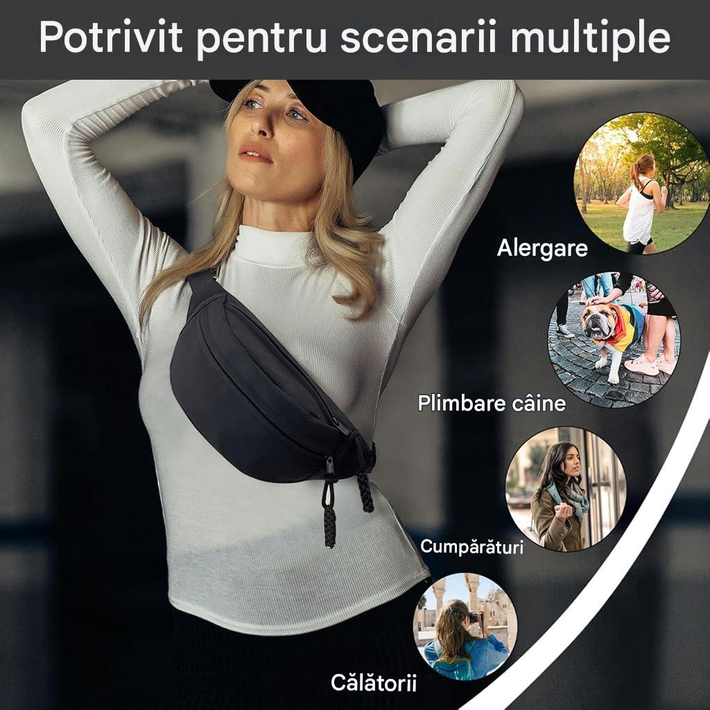 Borseta Sport Alergare Talie Unisex Beatus®, Running Belt pentru Telefon Chei si Portofel, 2 Buzunare cu Fermoar, Curea Reglabila 90-130 cm, Material Oxford Rezistent, Fitness Ciclism Drumetii, Negru [3]