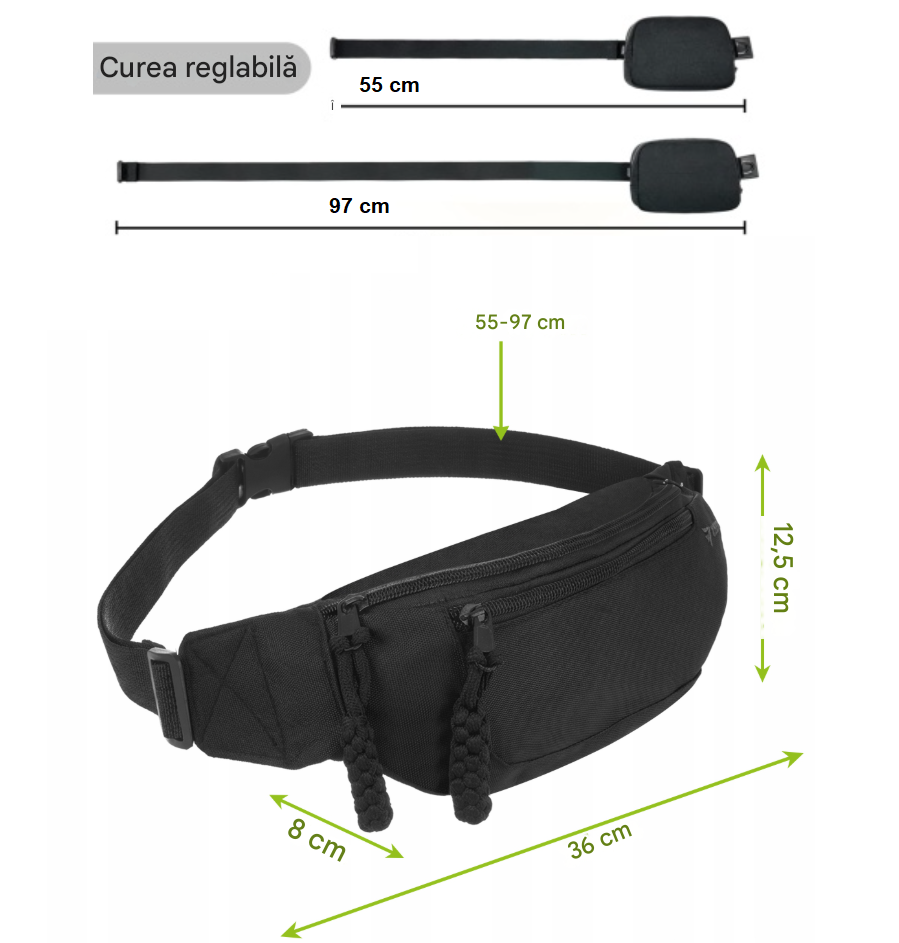 Borseta Sport Alergare Talie Unisex Beatus®, Running Belt pentru Telefon Chei si Portofel, 2 Buzunare cu Fermoar, Curea Reglabila 90-130 cm, Material Oxford Rezistent, Fitness Ciclism Drumetii, Negru [7]