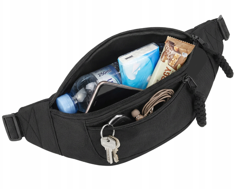 Borseta Sport Alergare Talie Unisex Beatus®, Running Belt pentru Telefon Chei si Portofel, 2 Buzunare cu Fermoar, Curea Reglabila 90-130 cm, Material Oxford Rezistent, Fitness Ciclism Drumetii, Negru [2]